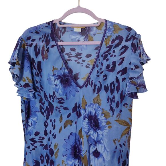 Y2K Sensara Purple Floral Flouncy Flutter Dress Large Forest Fairy Semi Sheer - Picture 3 of 11